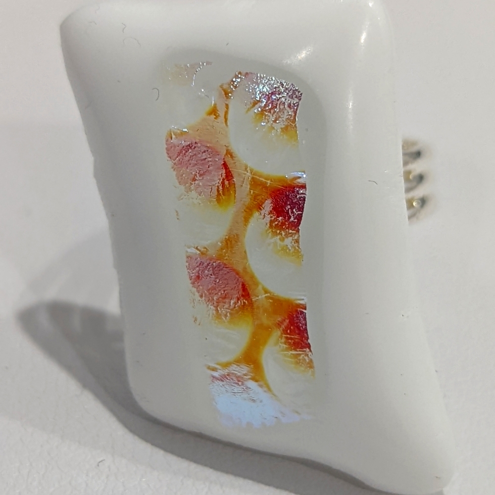Artisan Handmade large white glass statement ring with dichroic glass accents
